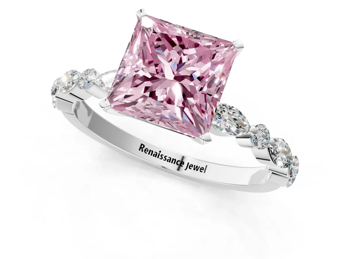 Fancy Pink Princess Cut Diamond Ring with Marquise and Round Side Stones and Four-Prong Setting Silver