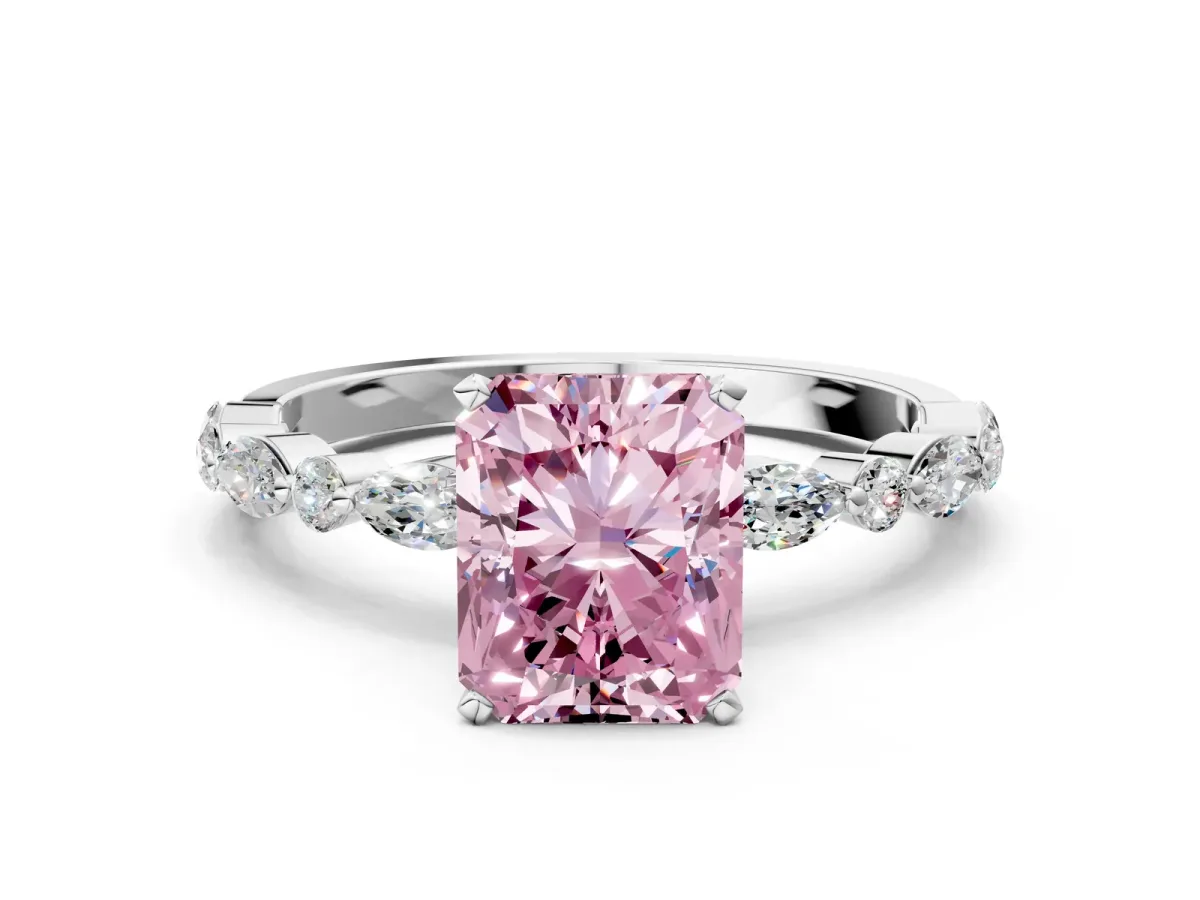 Fancy Pink Radiant Cut Diamond Ring with Marquise and Round Side Stones and Four-Prong Setting Silver