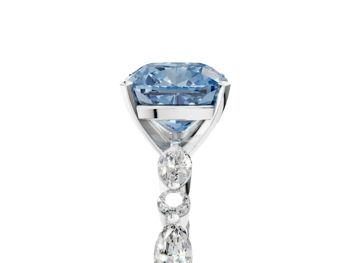 Fancy Blue Cushion Cut Diamond Ring with Marquise and Round Side Stones and Four-Prong Setting Platinum