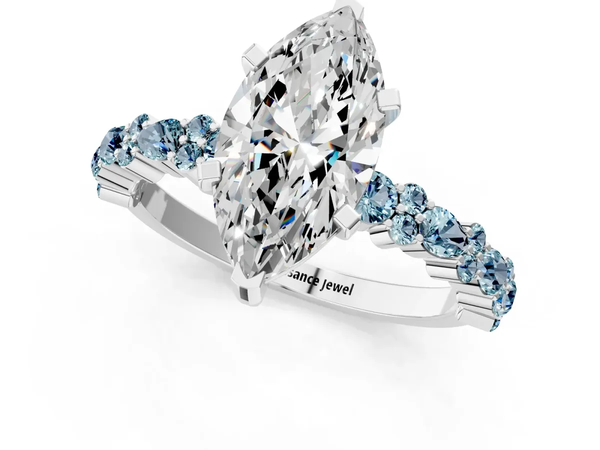 Marquise Cut Diamond Side Stone Solitaire Ring with Round Aquamarine and Four-Prong Setting Platinum