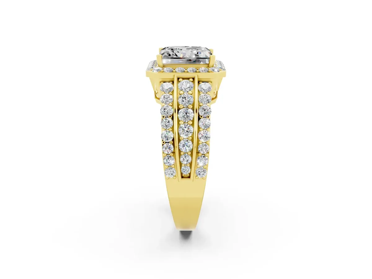 Princess Cut Halo Moissanite Ring with Round Split Shank and Prong Setting Yellow gold