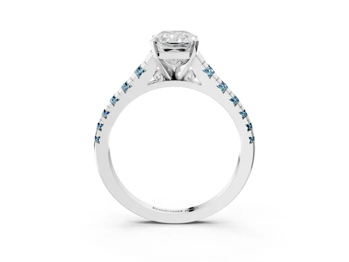 Radiant Cut Diamond Cathedral Solitaire Ring with Round Aquamarine Pavé Band Silver