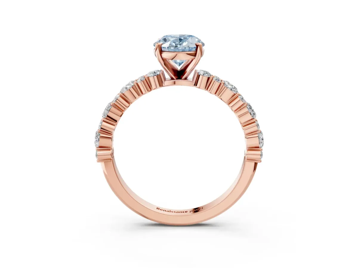 Fancy Blue Oval Cut Diamond Side Stone Solitaire Ring with Round and Four-Prong Setting Rose gold