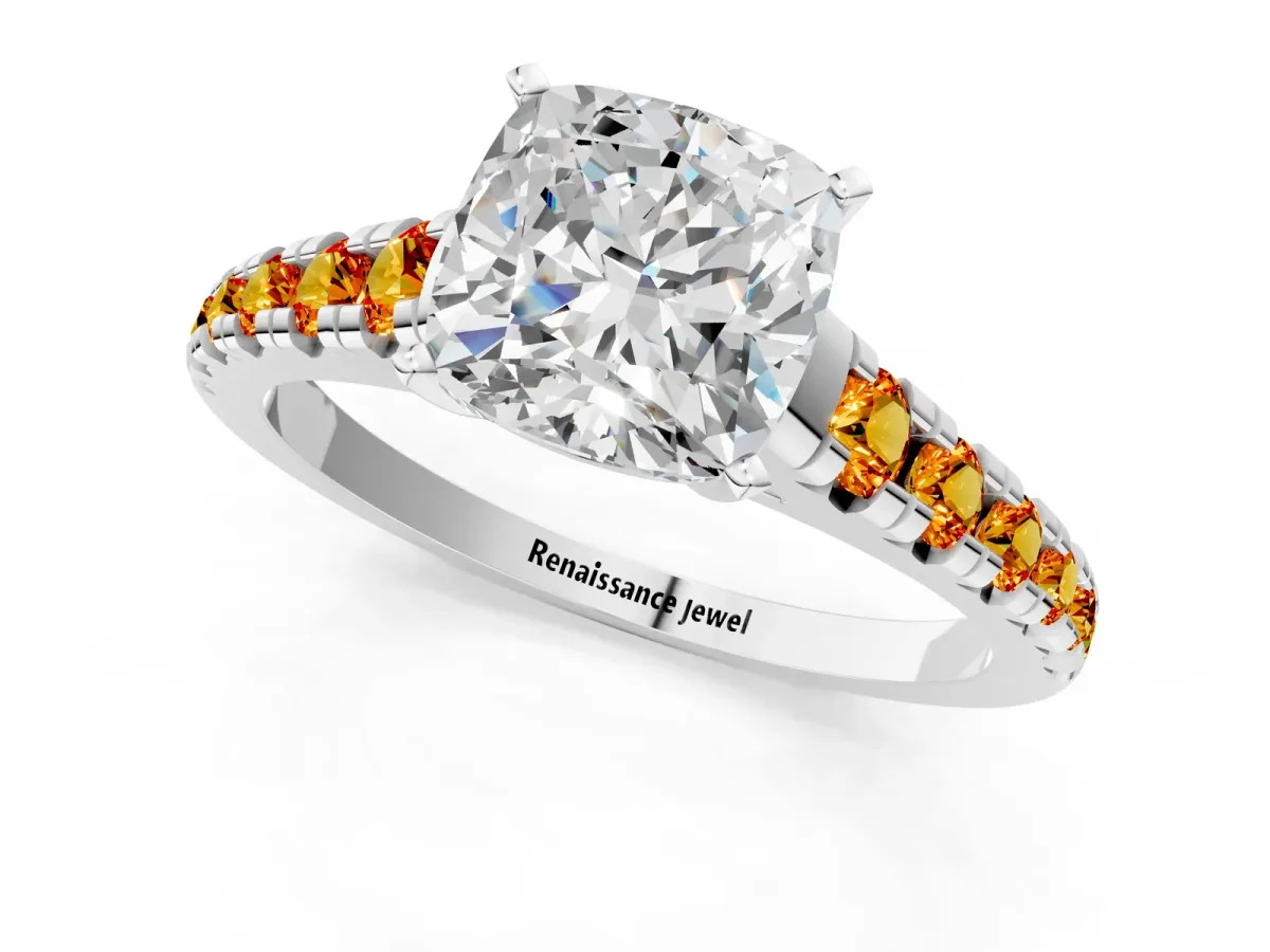 Cushion Cut Diamond Cathedral Solitaire Ring with Round Citrine Pavé Band White gold