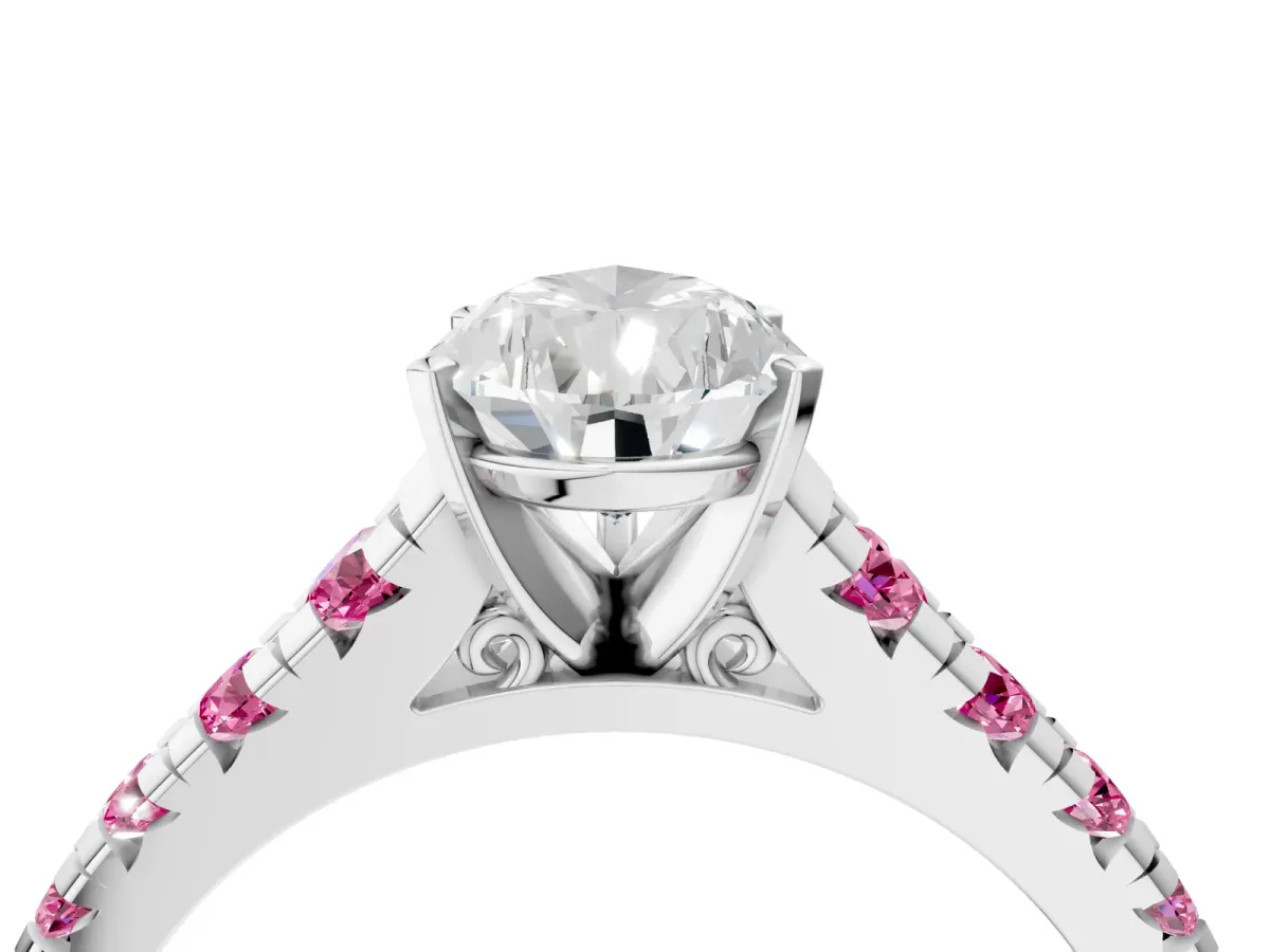 Pear Cut Diamond Cathedral Solitaire Ring with Round Pink Sapphire Pavé Band Platinum