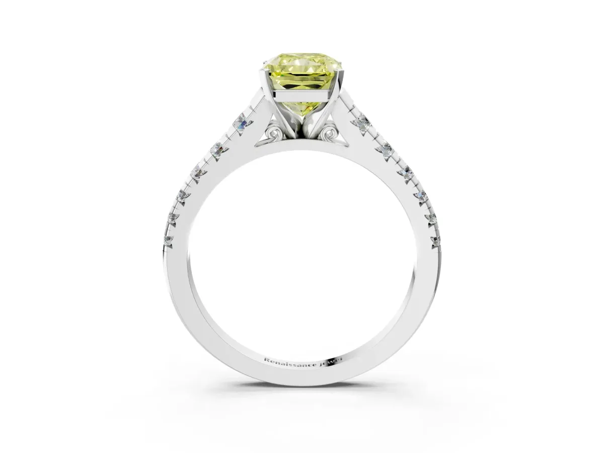 Fancy Yellow Radiant Cut Diamond Cathedral Solitaire Ring with Round Pavé Band Platinum
