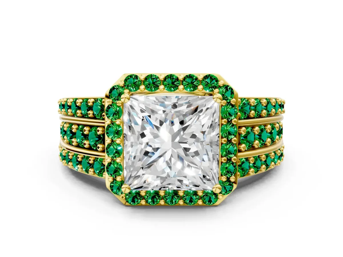 Princess Cut Halo Diamond Ring with Round Emerald Split Shank and Prong Setting Yellow gold