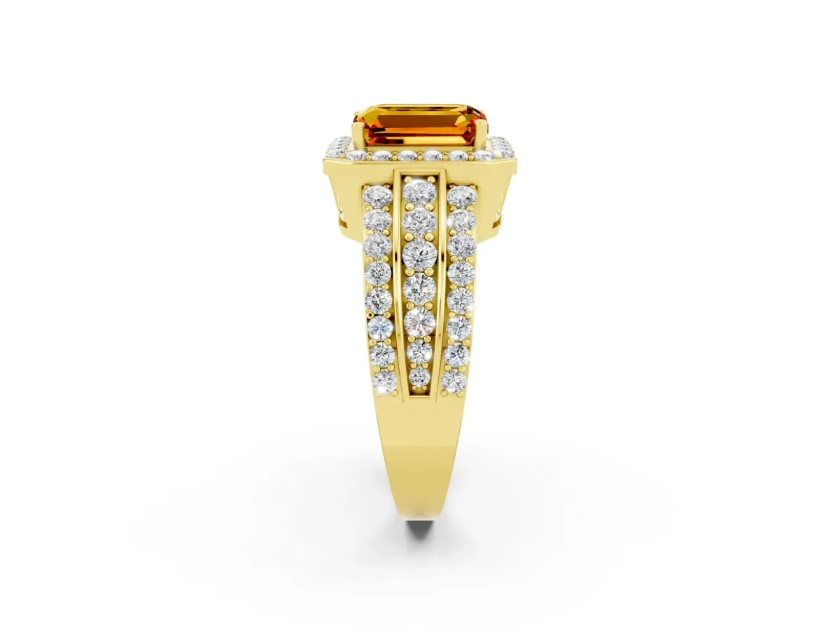 Emerald Cut Halo Citrine Ring with Round Split Shank and Prong Setting Yellow gold
