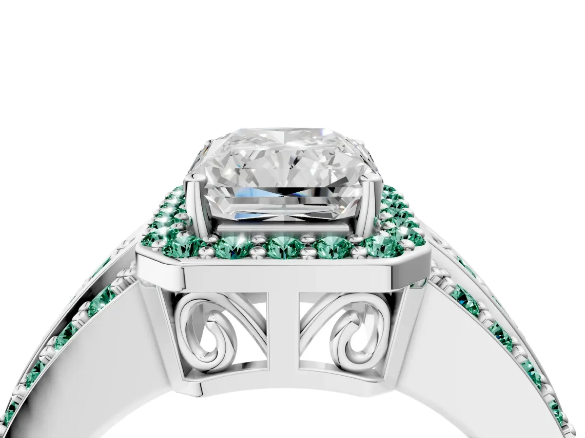 Radiant Cut Halo Diamond Ring with Round Green Sapphire Split Shank and Prong Setting Platinum