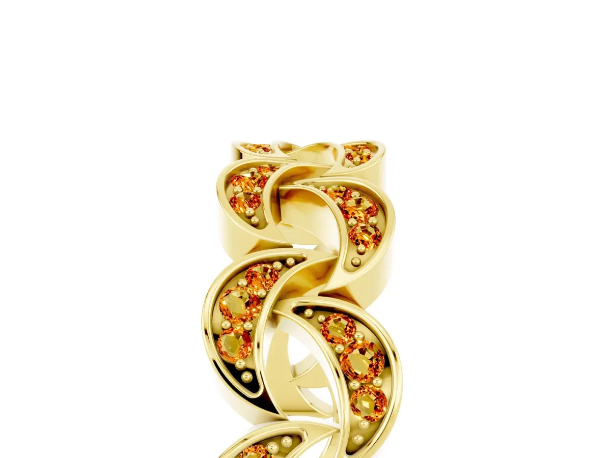 Pavé Round Citrine Interlocking Eternity Band with Bezel Prong Setting Yellow gold