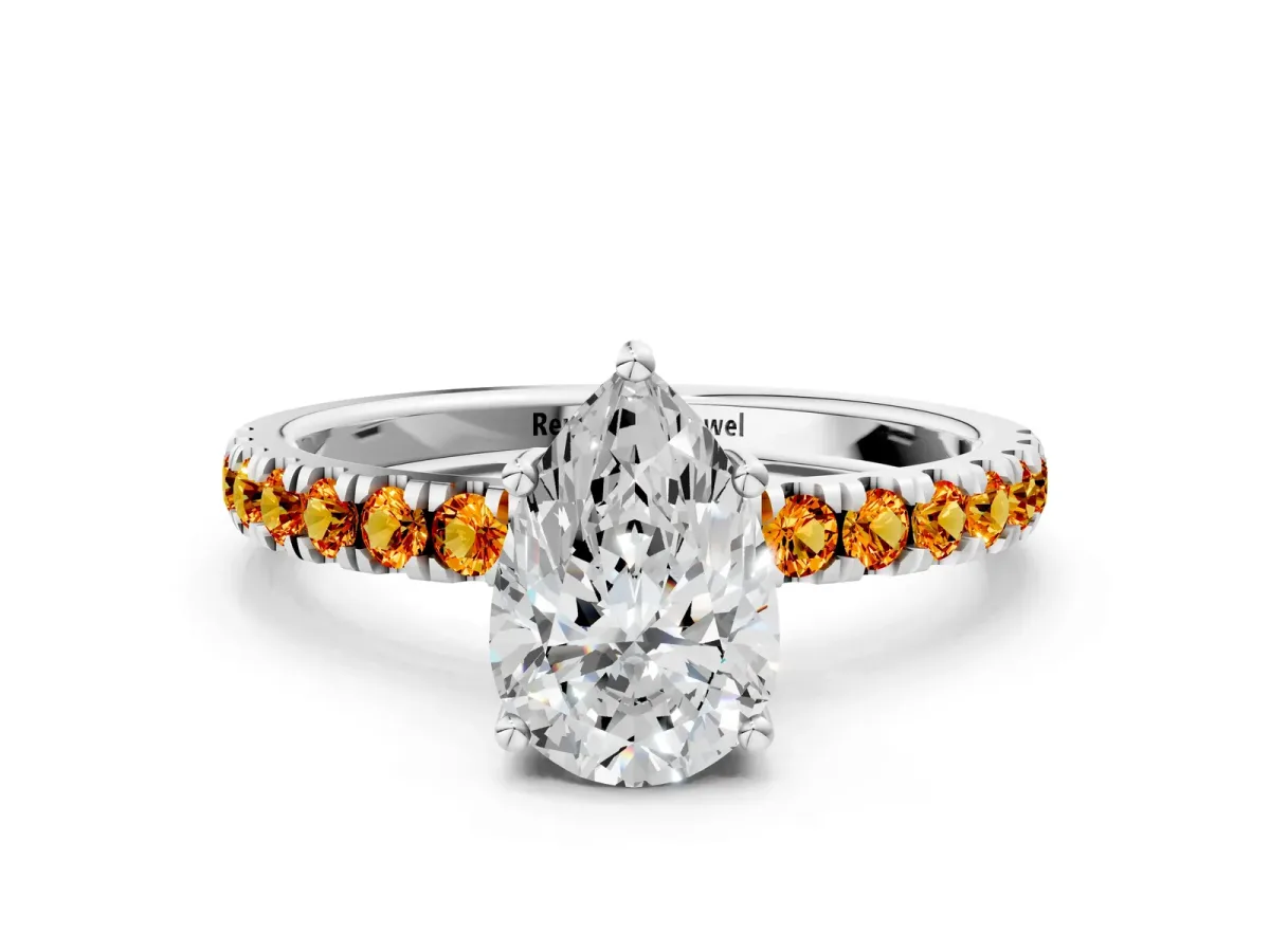 Pear Cut Diamond Pave Band Solitaire Ring with Round Citrine and Prong Setting White gold