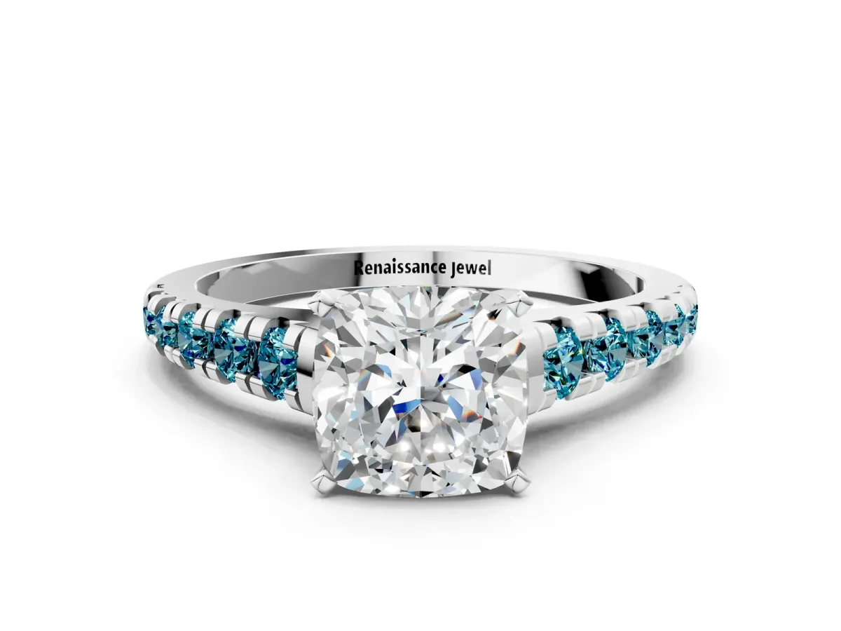 Cushion Cut Diamond Cathedral Solitaire Ring with Round Blue Topaz Pavé Band Platinum