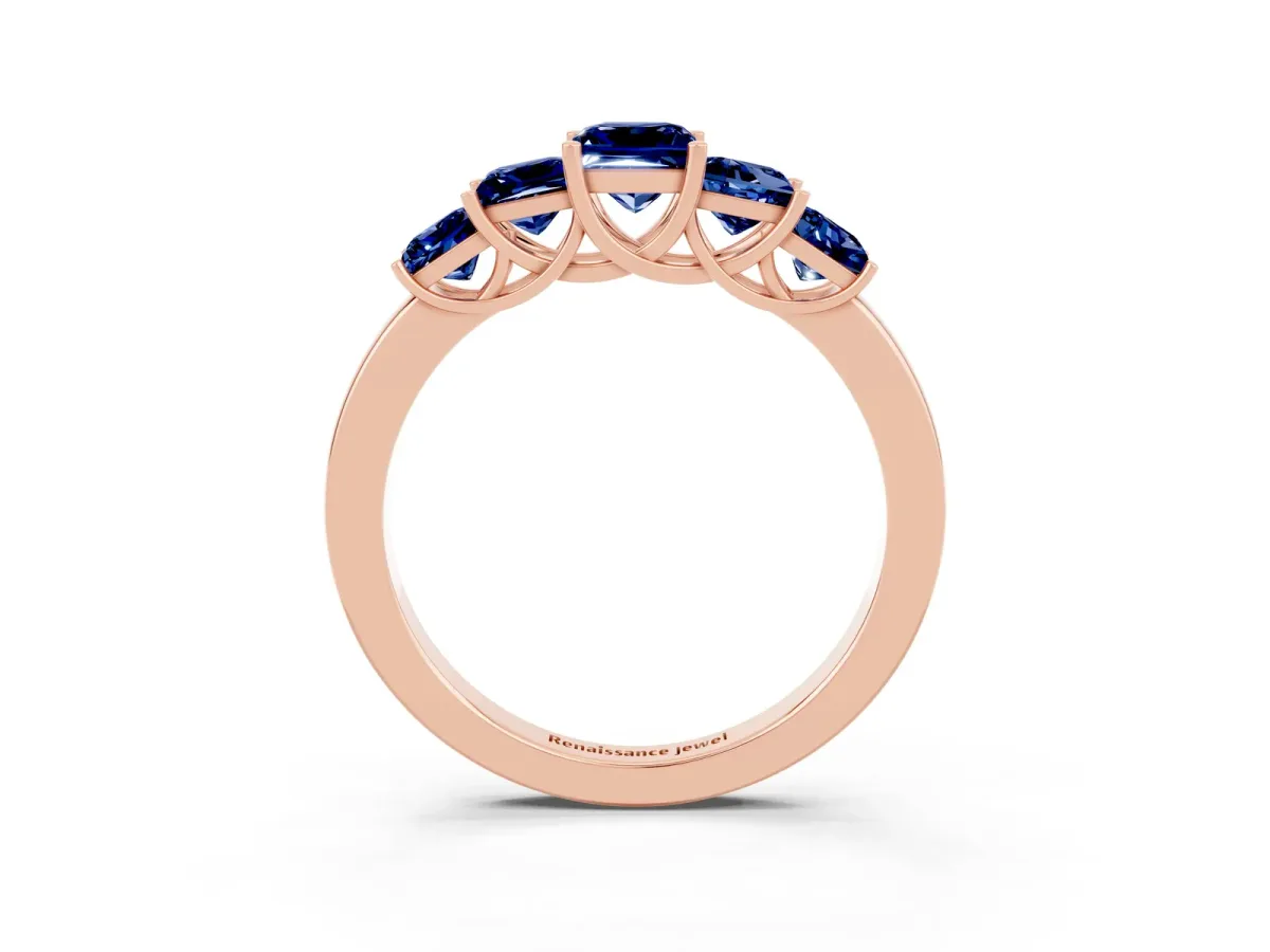 Princess Cut Five-Stone Blue Sapphire Ring with Classic Prong Setting Rose gold