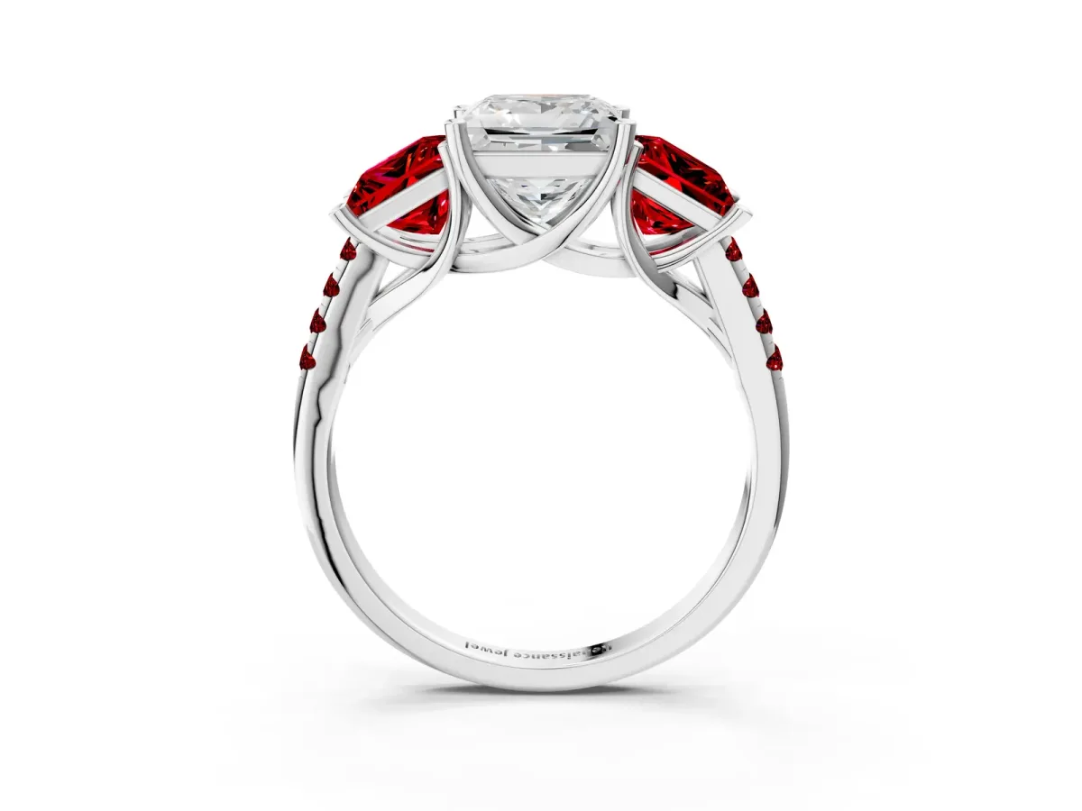 Three-Stone Princess Cut Diamond Ring with Round Ruby Pavé Band and Prong Setting Silver