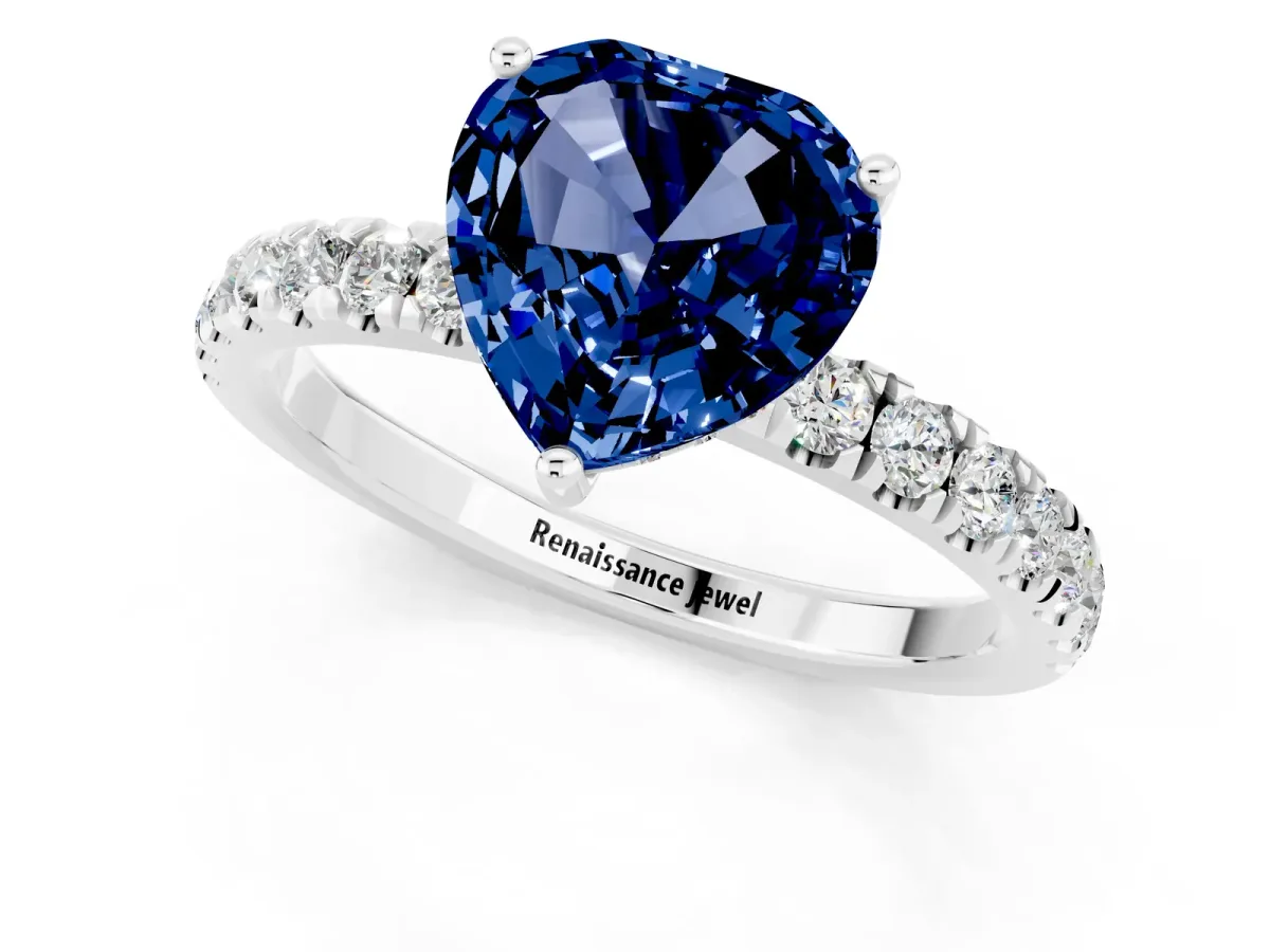 Heart Cut Blue Sapphire Pave Band Solitaire Ring with Round and Prong Setting Platinum