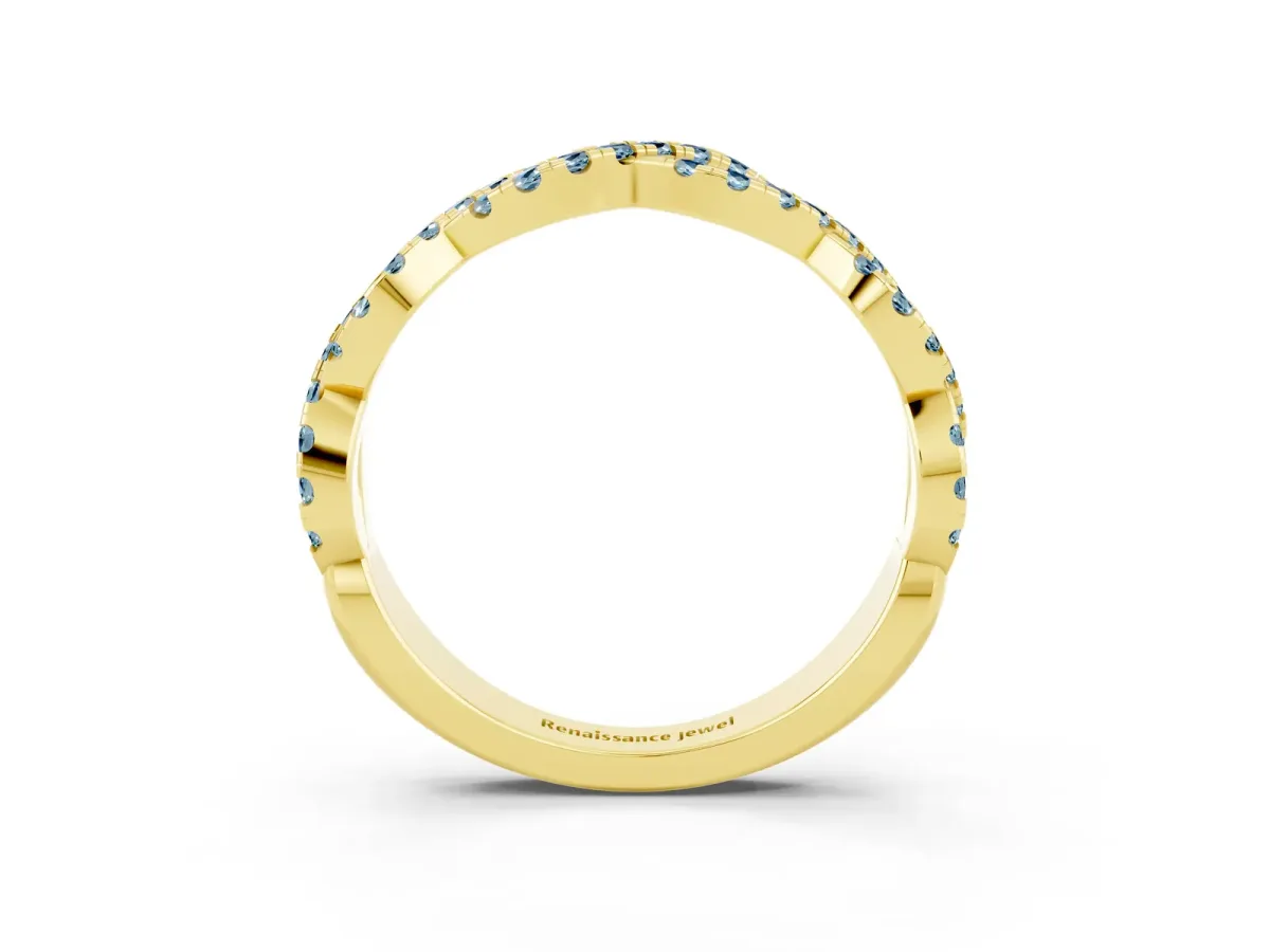 Round Aquamarine Twisted Eternity Band with Pavé and Shared Prong Setting Yellow gold