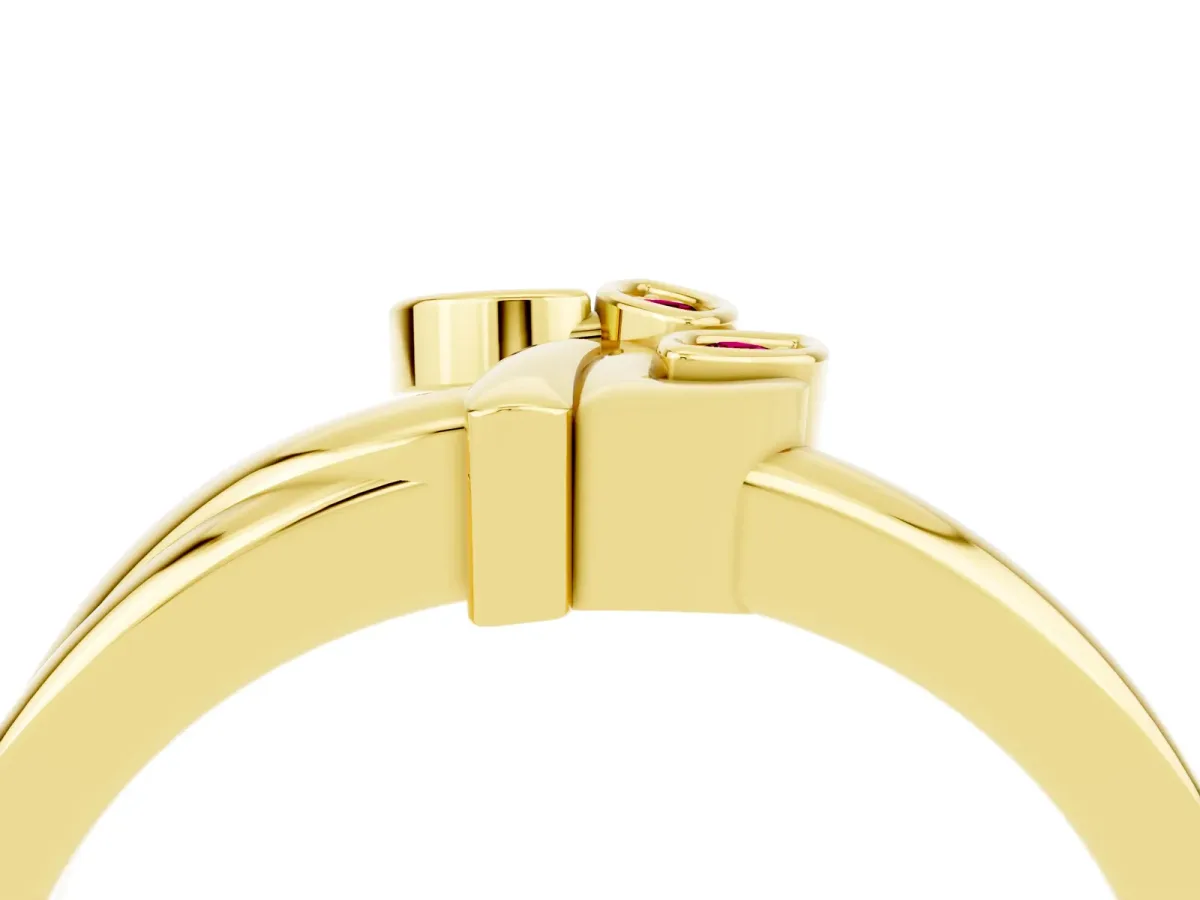 Three-Stone Round Garnet Leaf Bypass Ring with Bezel Setting Yellow gold