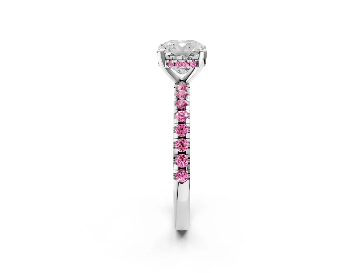 Cushion Cut Diamond Solitaire Ring with Round Pink Sapphire Pavé Band and Four-Prong Setting Silver