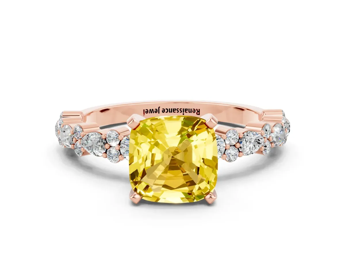 Cushion Cut Yellow Sapphire Side Stone Solitaire Ring with Round and Four-Prong Setting Rose gold