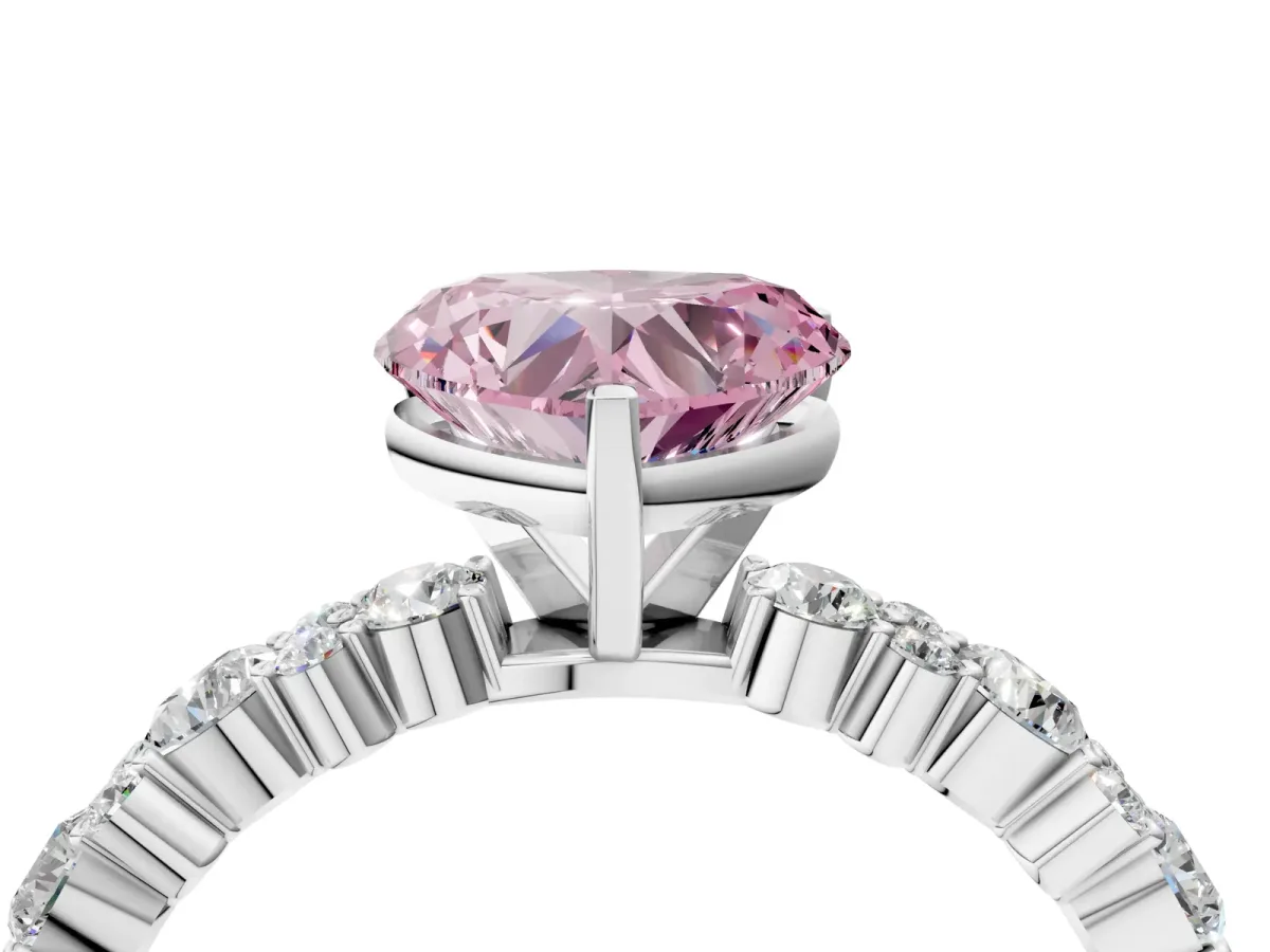 Fancy Pink Heart Cut Diamond Side Stone Solitaire Ring with Round and Four-Prong Setting White gold