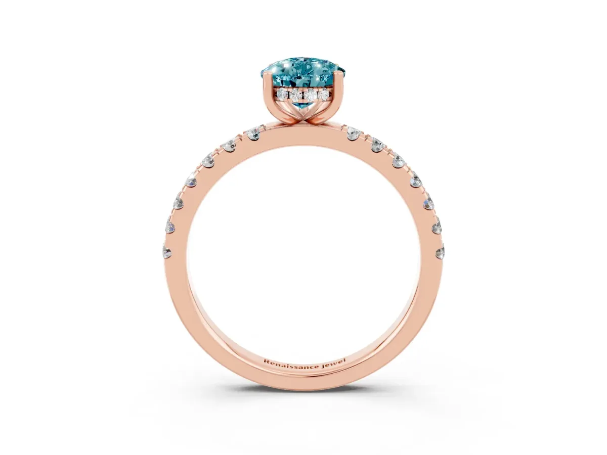 Pear Cut Blue Topaz Pave Band Solitaire Ring with Round and Prong Setting Rose gold