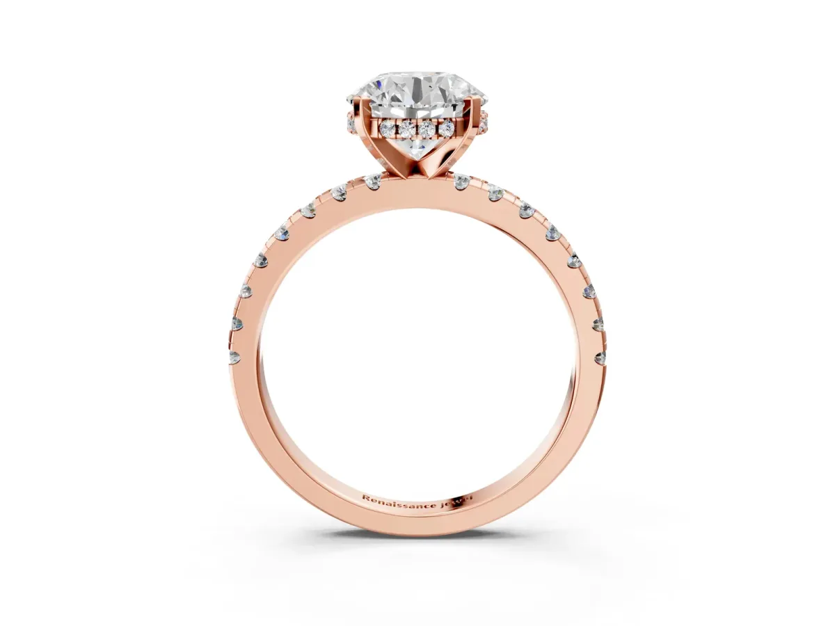Round Cut Diamond Solitaire Ring with Round Pavé Band and Four-Prong Setting Rose gold