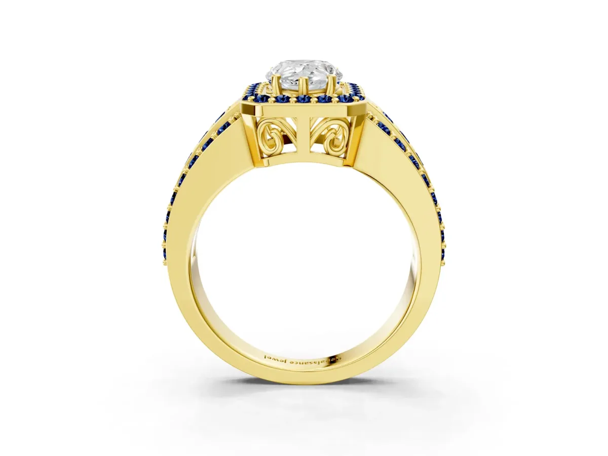 Pear Cut Halo Diamond Ring with Round Blue Sapphire Split Shank and Prong Setting Yellow gold