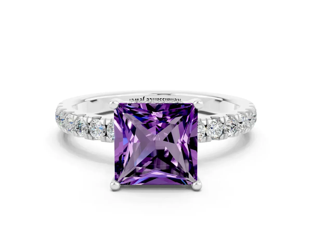Princess Cut Amethyst Pave Band Solitaire Ring with Round and Prong Setting Platinum