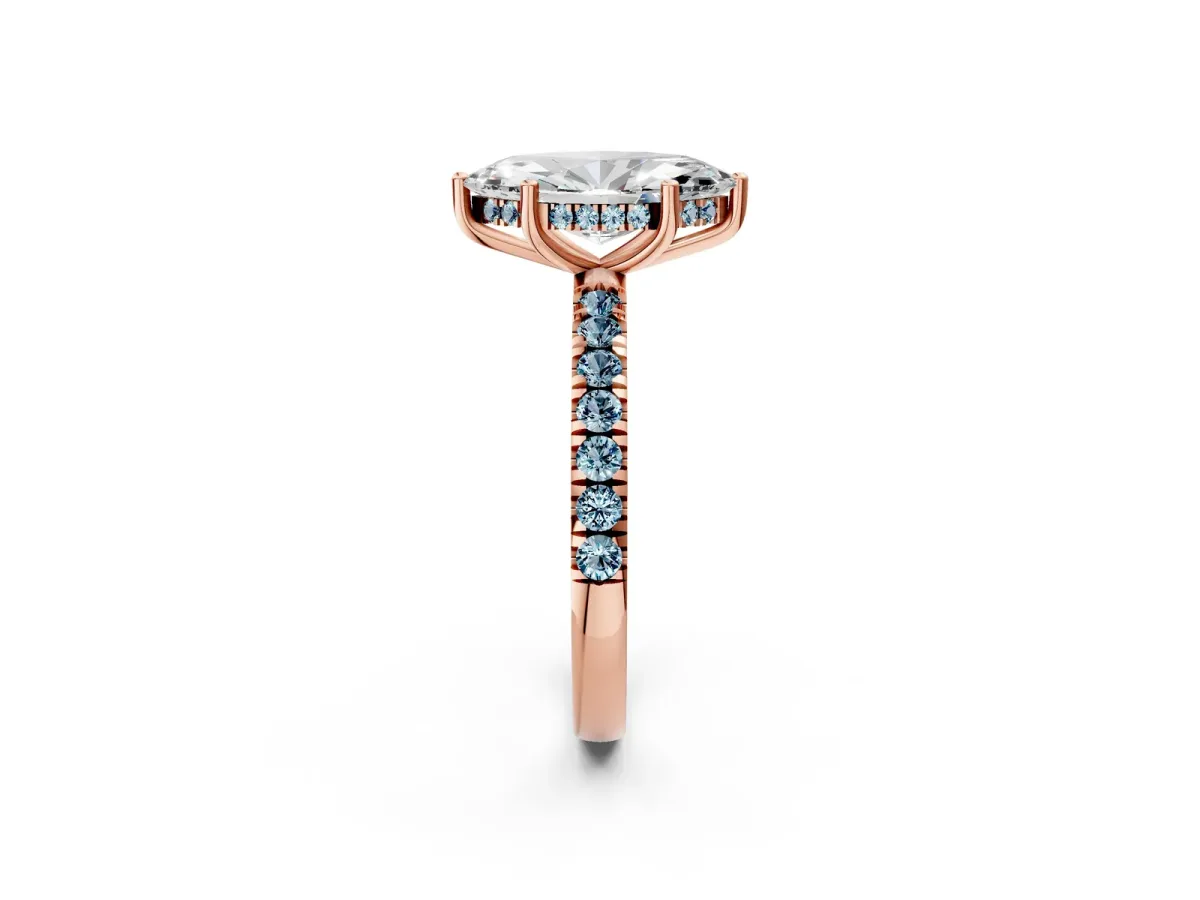 Marquise Cut Diamond Pave Band Solitaire Ring with Round Aquamarine and Prong Setting Rose gold