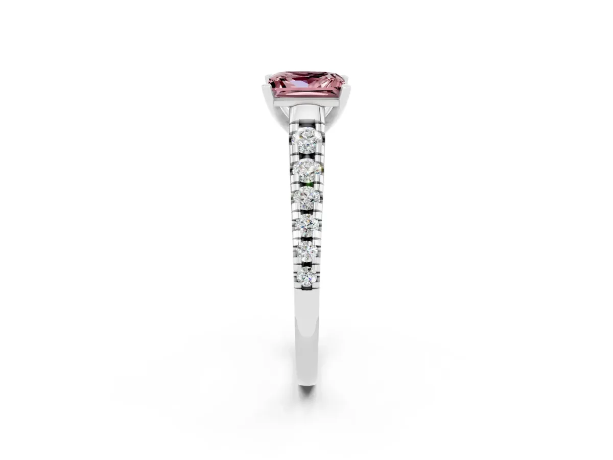 Princess Cut Morganite Cathedral Solitaire Ring with Round Pavé Band White gold