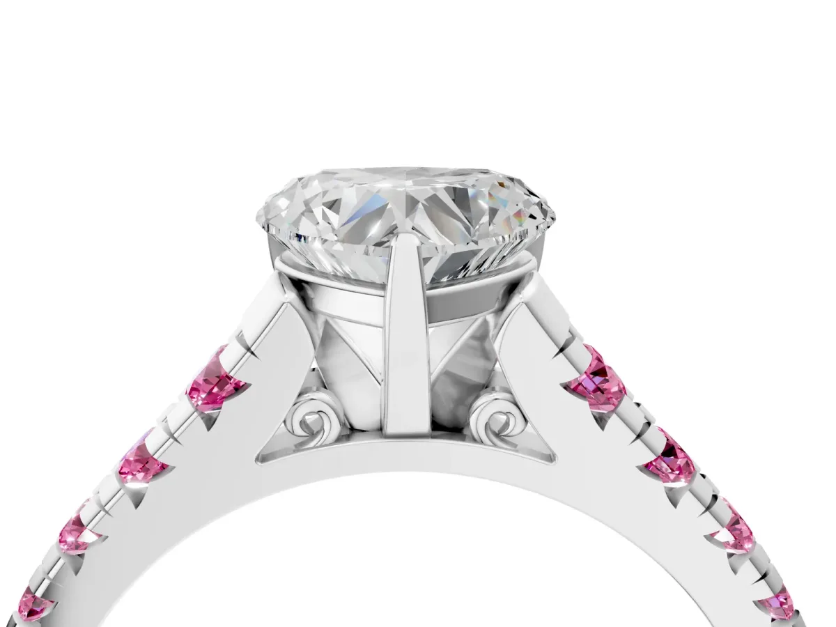 Heart Cut Diamond Cathedral Solitaire Ring with Round Pink Sapphire Pavé Band Silver