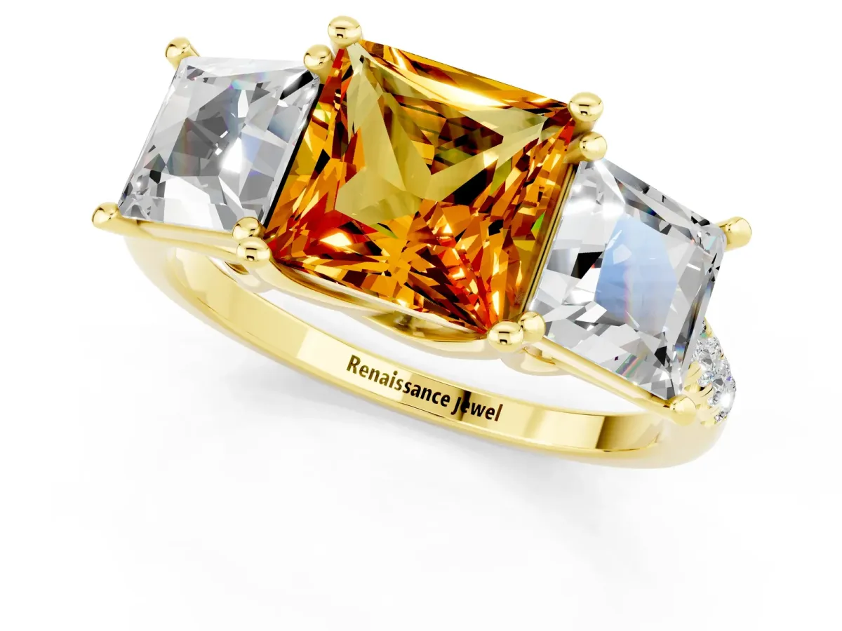 Three-Stone Princess Cut Citrine Ring with Round Pavé Band and Prong Setting Yellow gold