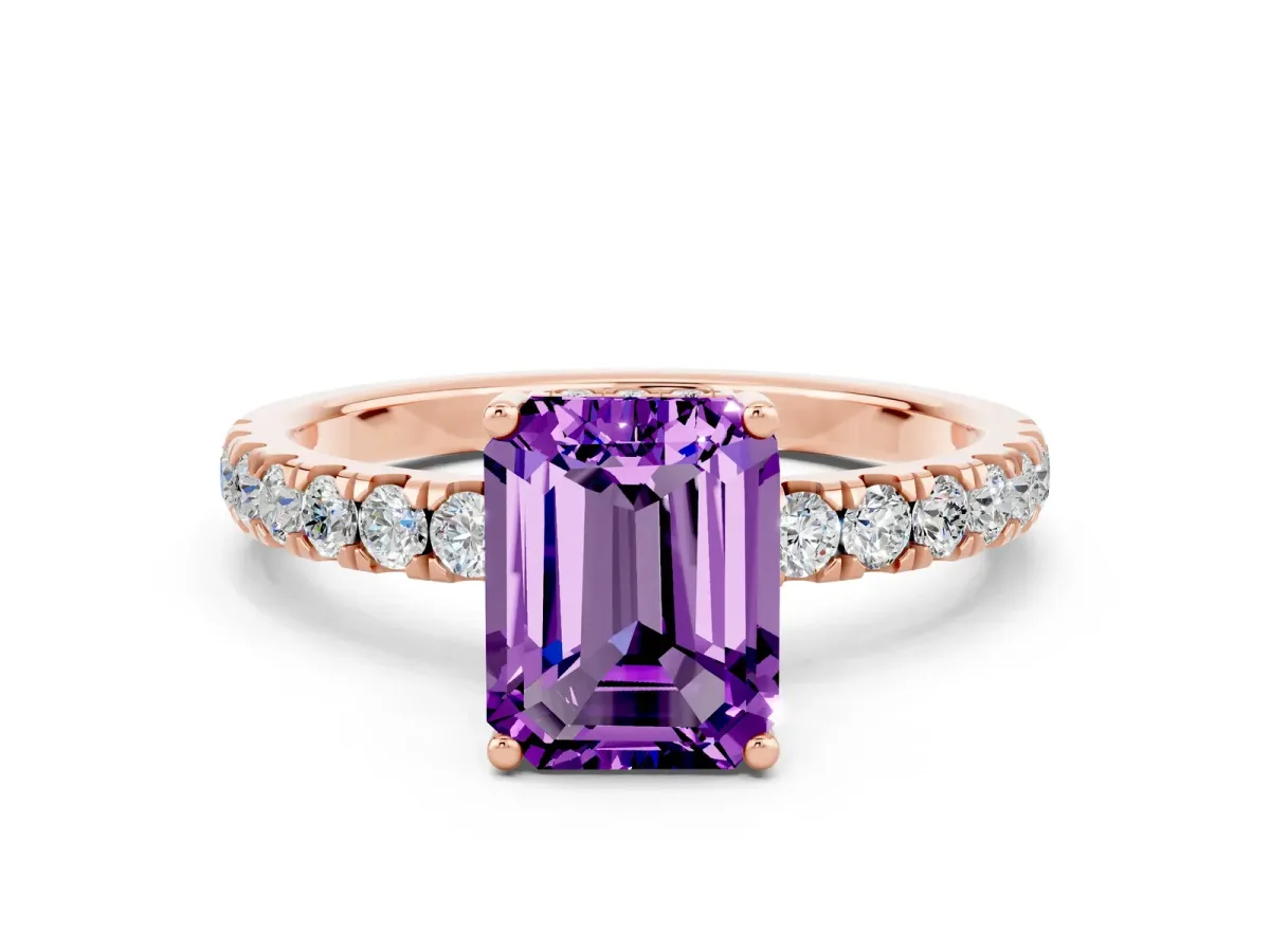Emerald Cut Amethyst Pave Band Solitaire Ring with Round and Prong Setting Rose gold