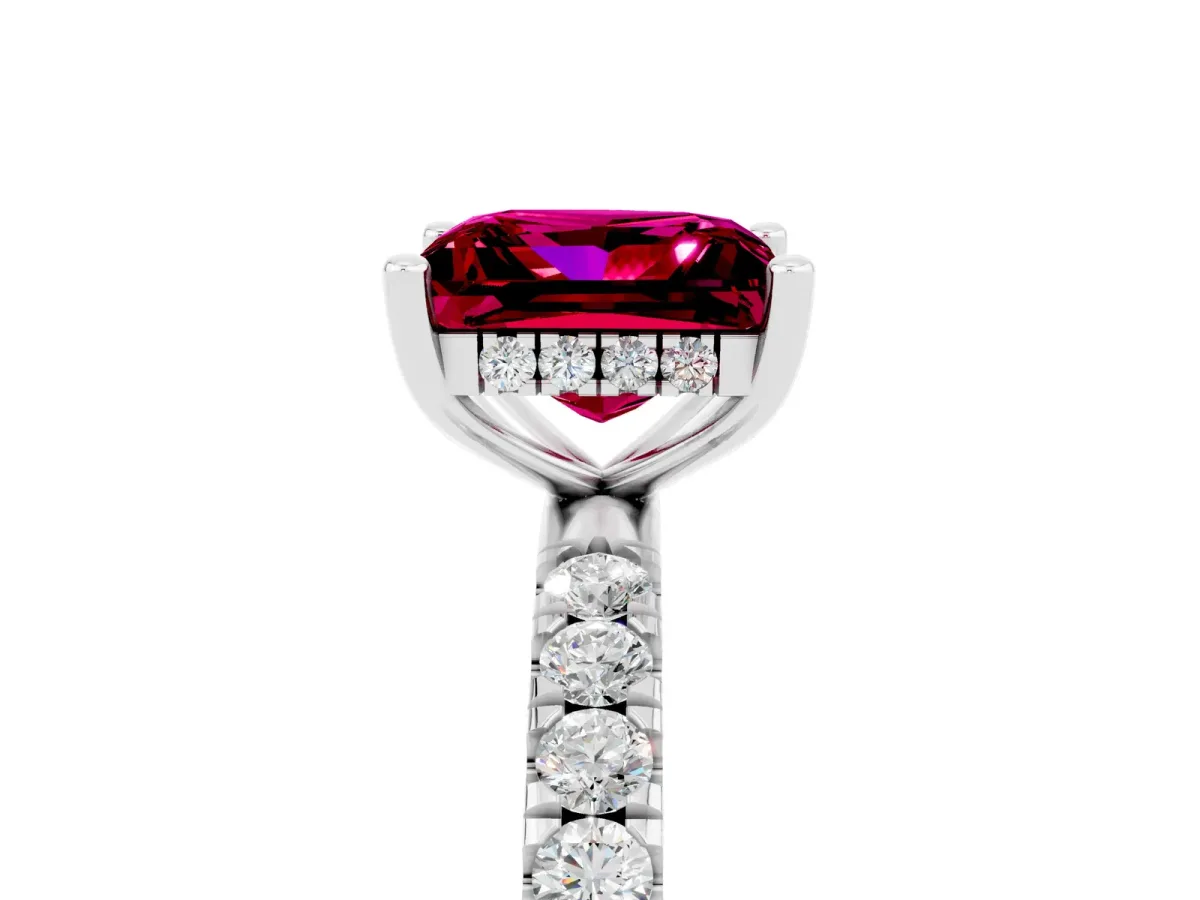 Princess Cut Garnet Pave Band Solitaire Ring with Round and Prong Setting Platinum