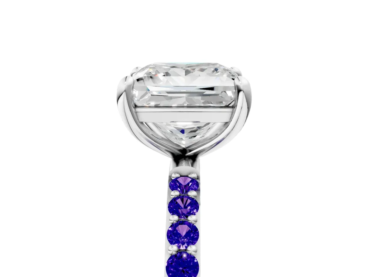 Princess Cut Diamond Solitaire Ring with Round Tanzanite Pavé Band and Prong Setting Silver
