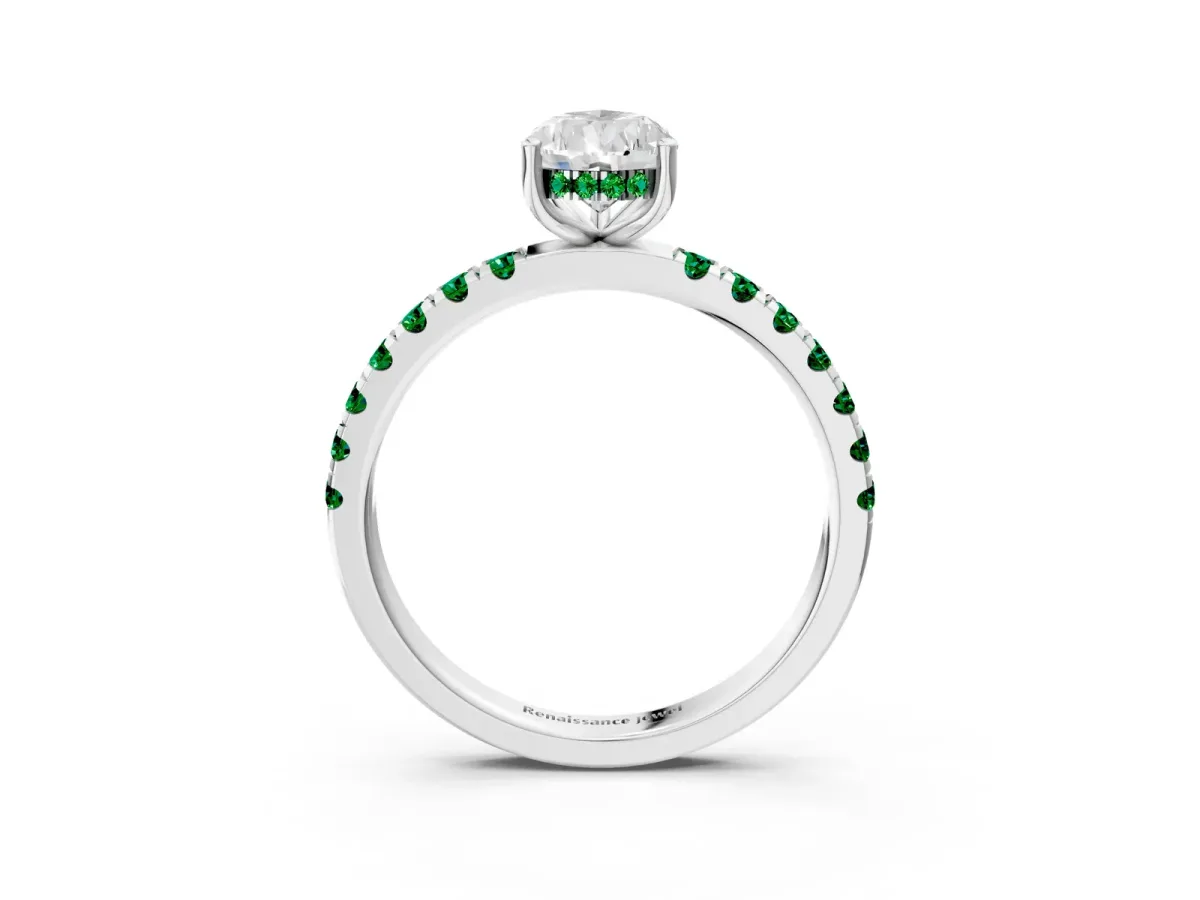 Pear Cut Diamond Pave Band Solitaire Ring with Round Emerald and Prong Setting Platinum