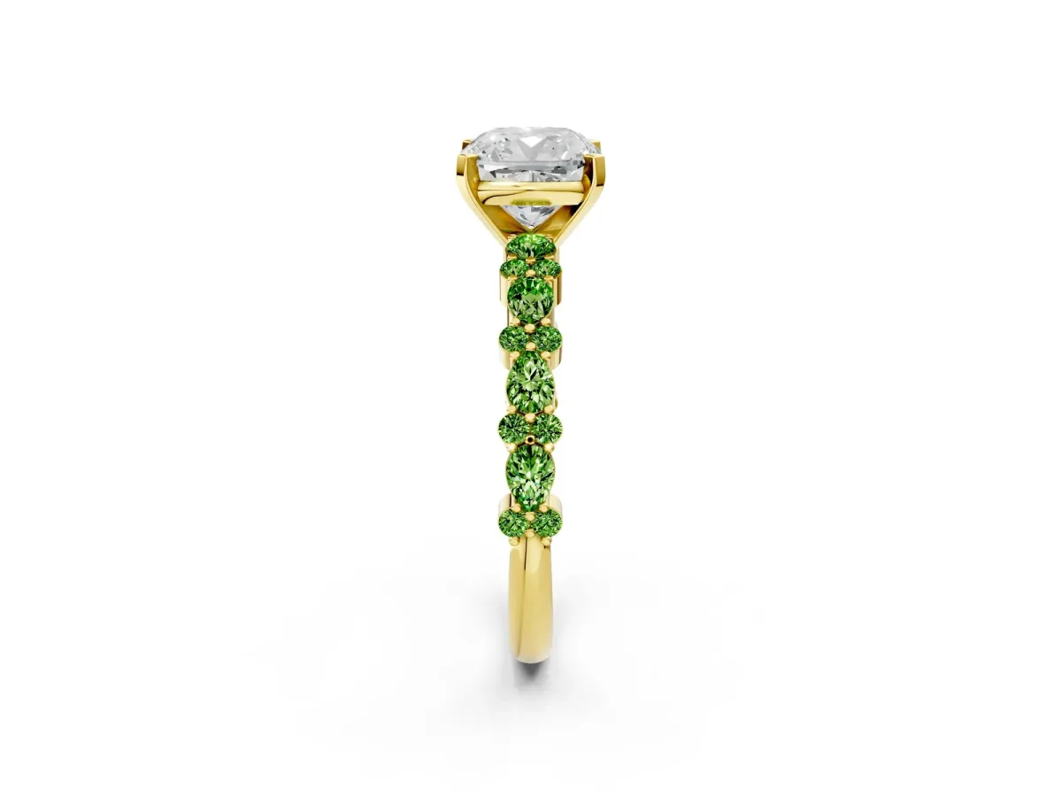 Cushion Cut Diamond Side Stone Solitaire Ring with Round Peridot and Four-Prong Setting Yellow gold