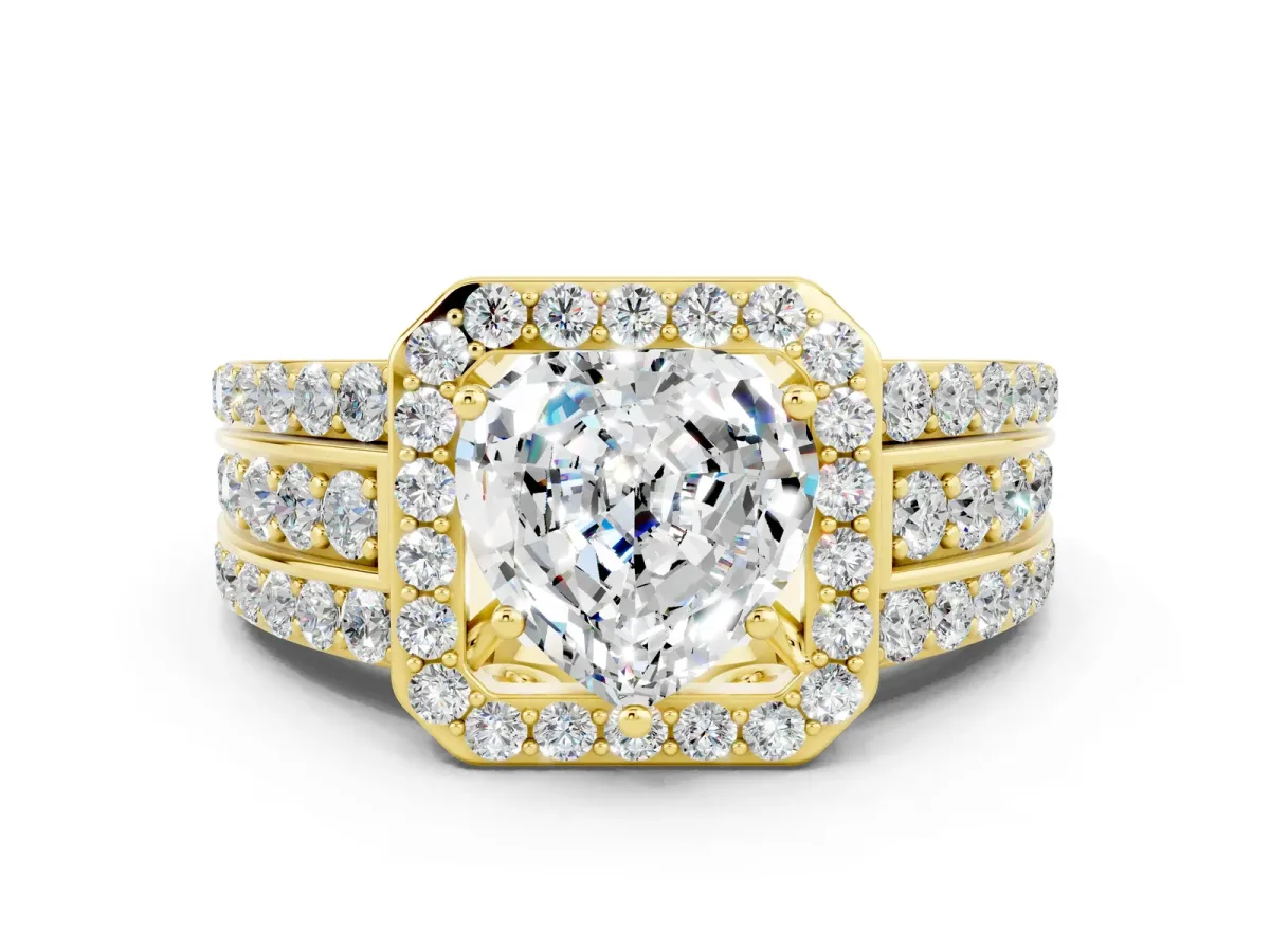 Heart Cut Halo Moissanite Ring with Round Split Shank and Prong Setting Yellow gold