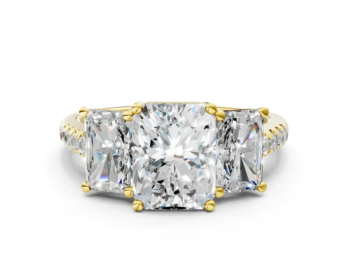 Three-Stone Radiant Cut Diamond Ring with Round Pavé Band and Prong Setting Yellow gold