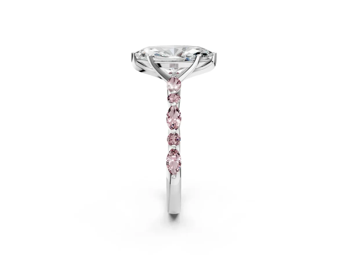 Marquise Cut Diamond Ring with Marquise and Round Morganite Side Stones and Four-Prong Setting Silver