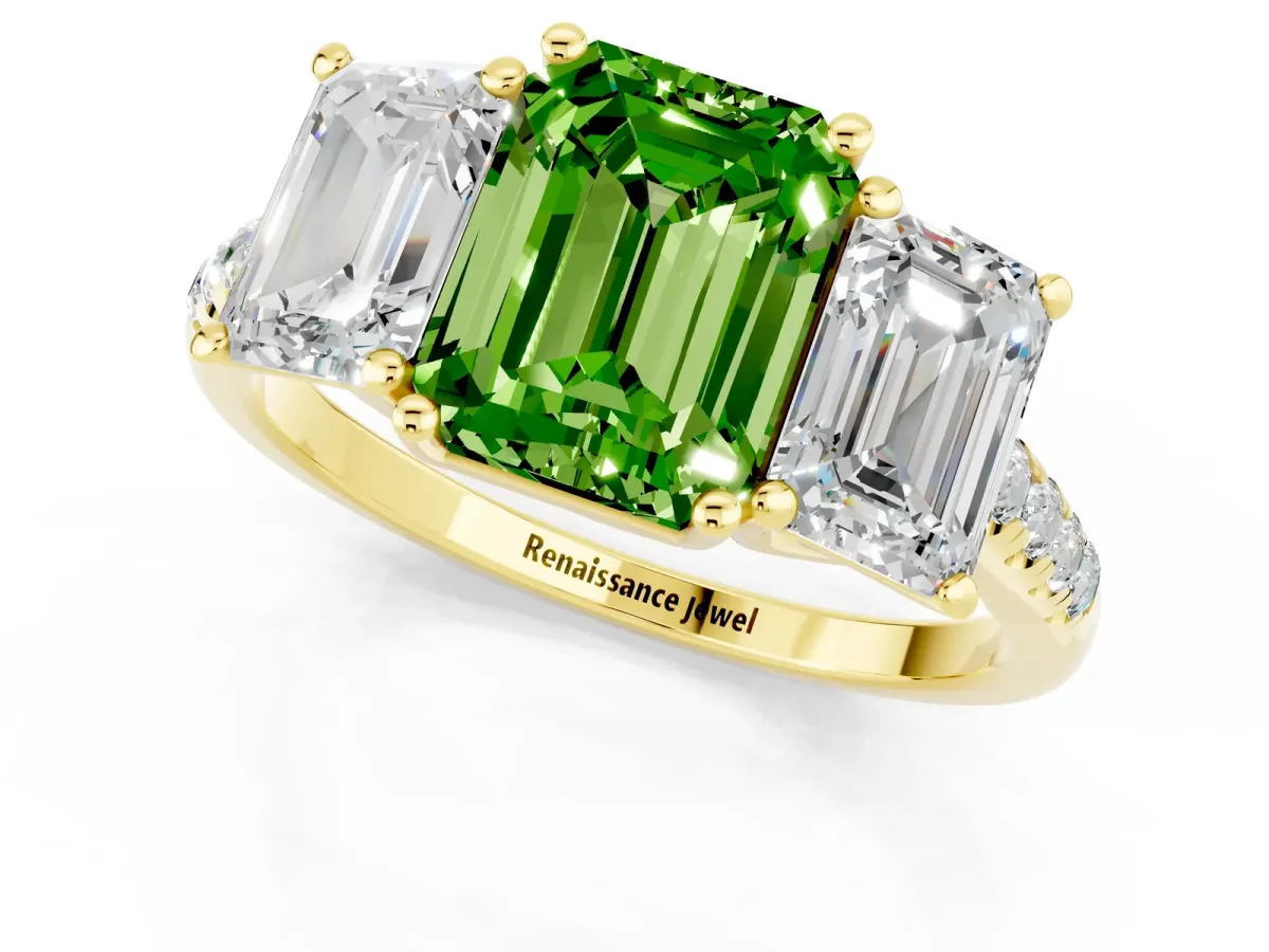 Three-Stone Emerald Cut Peridot Ring with Round Pavé Band and Prong Setting Yellow gold
