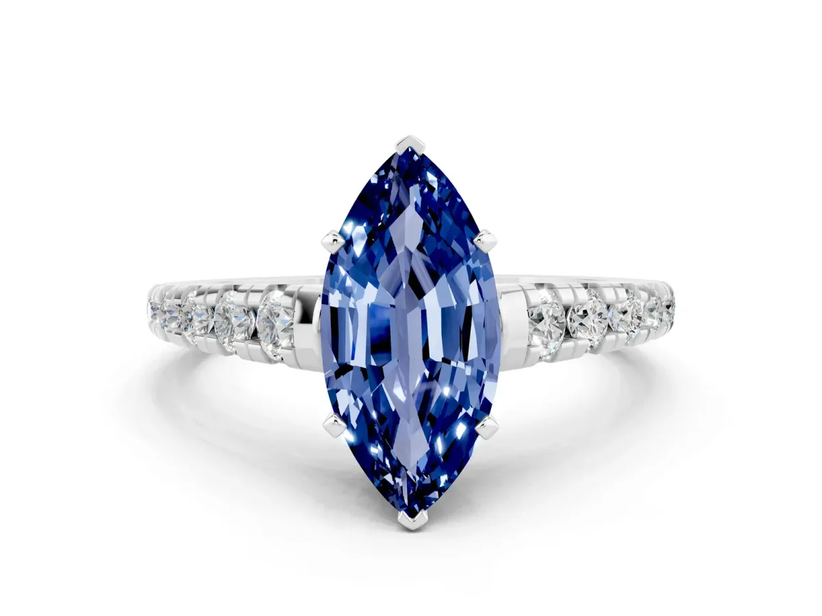 Marquise Cut Blue Sapphire Cathedral Solitaire Ring with Round Pavé Band Silver