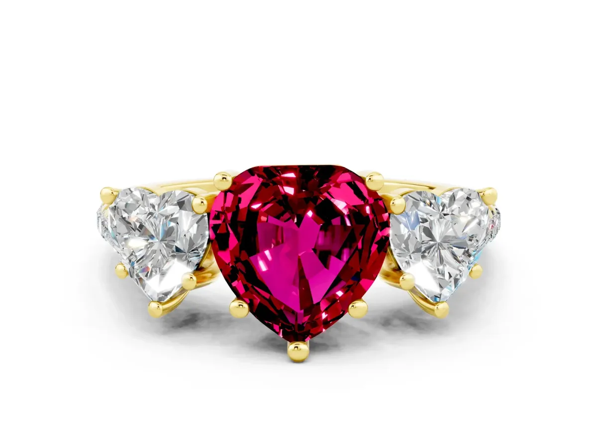 Three-Stone Heart Cut Garnet Ring with Round Pavé Band and Prong Setting Yellow gold