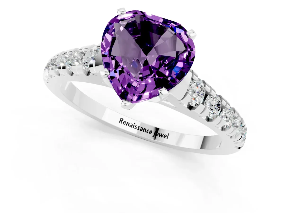 Heart Cut Amethyst Cathedral Solitaire Ring with Round Pavé Band White gold
