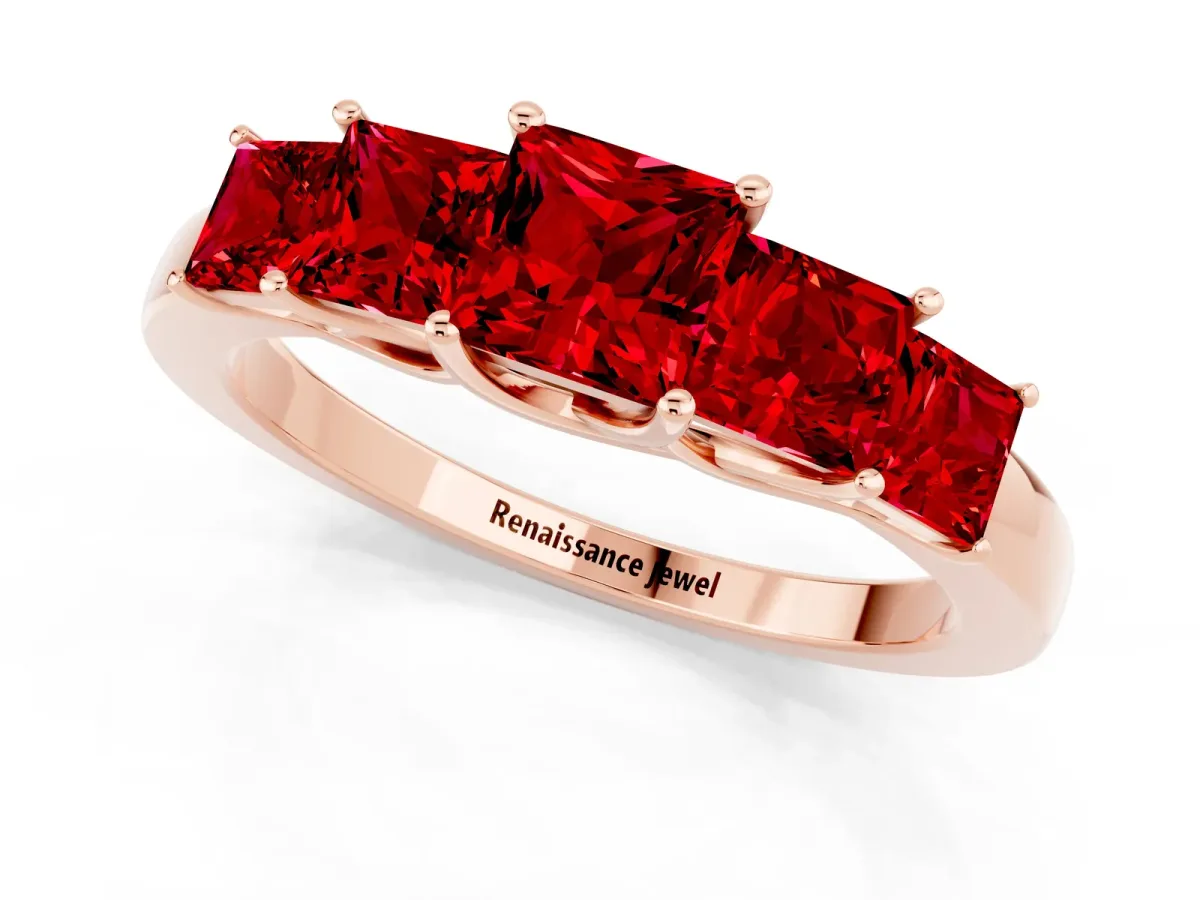 Princess Cut Five-Stone Ruby Ring with Classic Prong Setting Rose gold