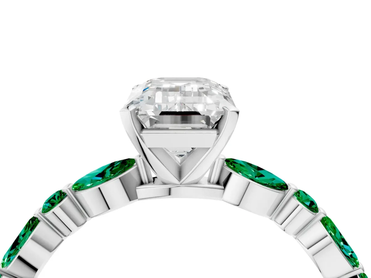 Emerald Cut Diamond Ring with Marquise and Round Emerald Side Stones and Four-Prong Setting Silver