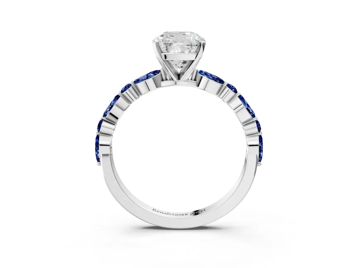 Cushion Cut Diamond Ring with Marquise and Round Blue Sapphire Side Stones and Four-Prong Setting Silver