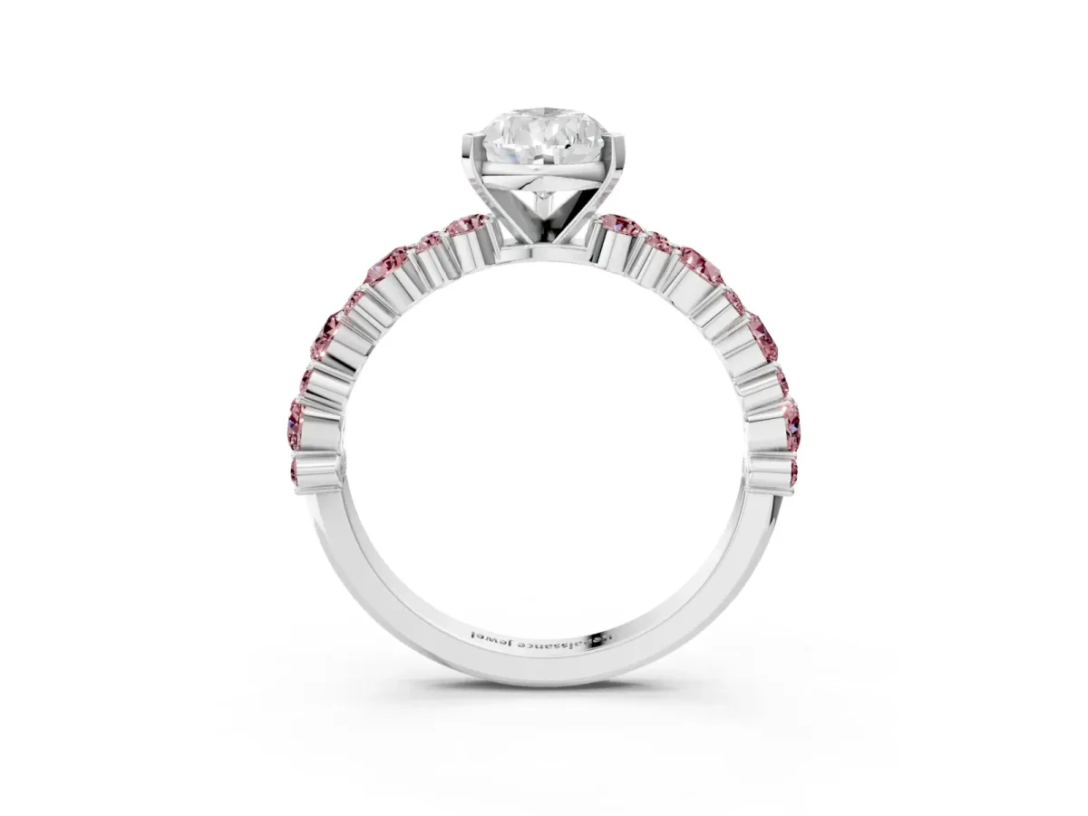 Pear Cut Diamond Side Stone Solitaire Ring with Round Morganite and Four-Prong Setting Platinum