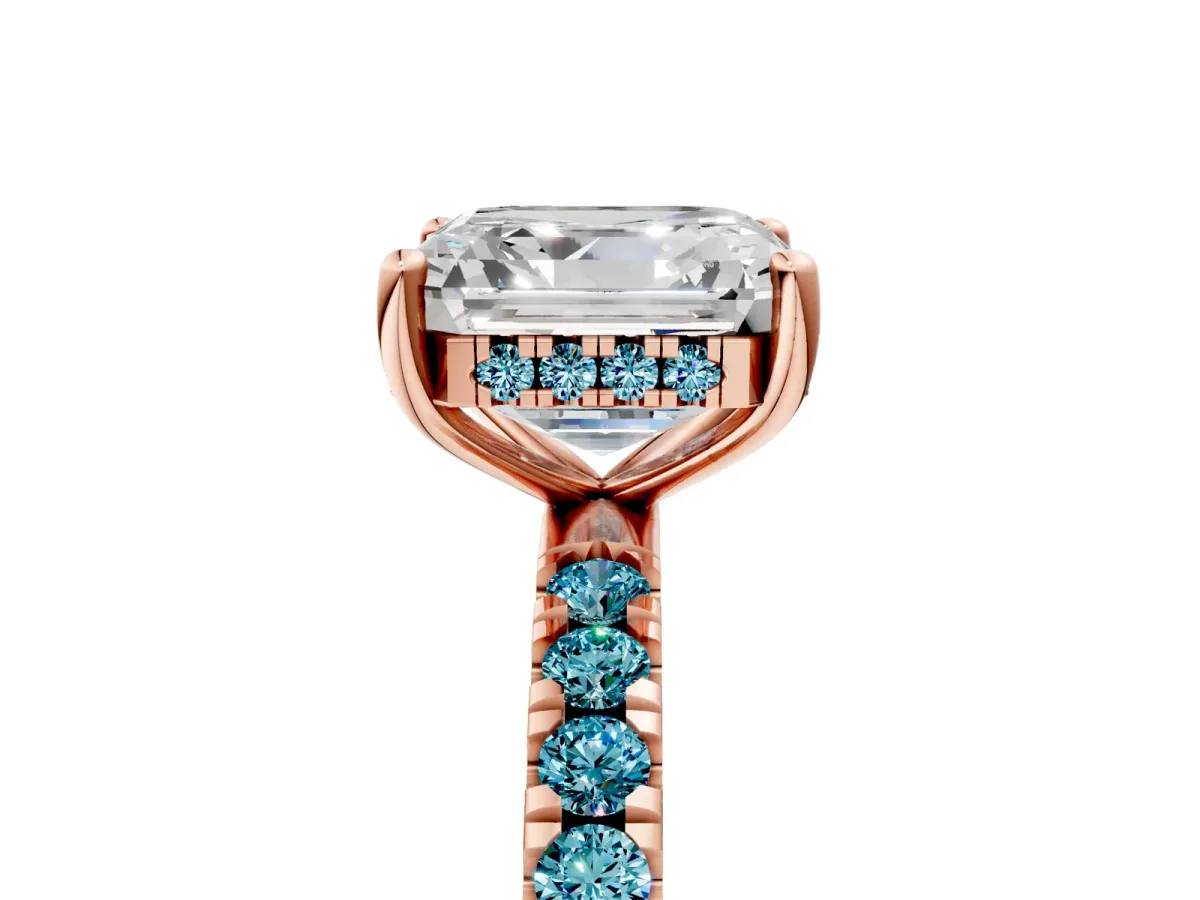 Asscher Cut Diamond Pave Band Solitaire Ring with Round Blue Topaz and Prong Setting Rose gold