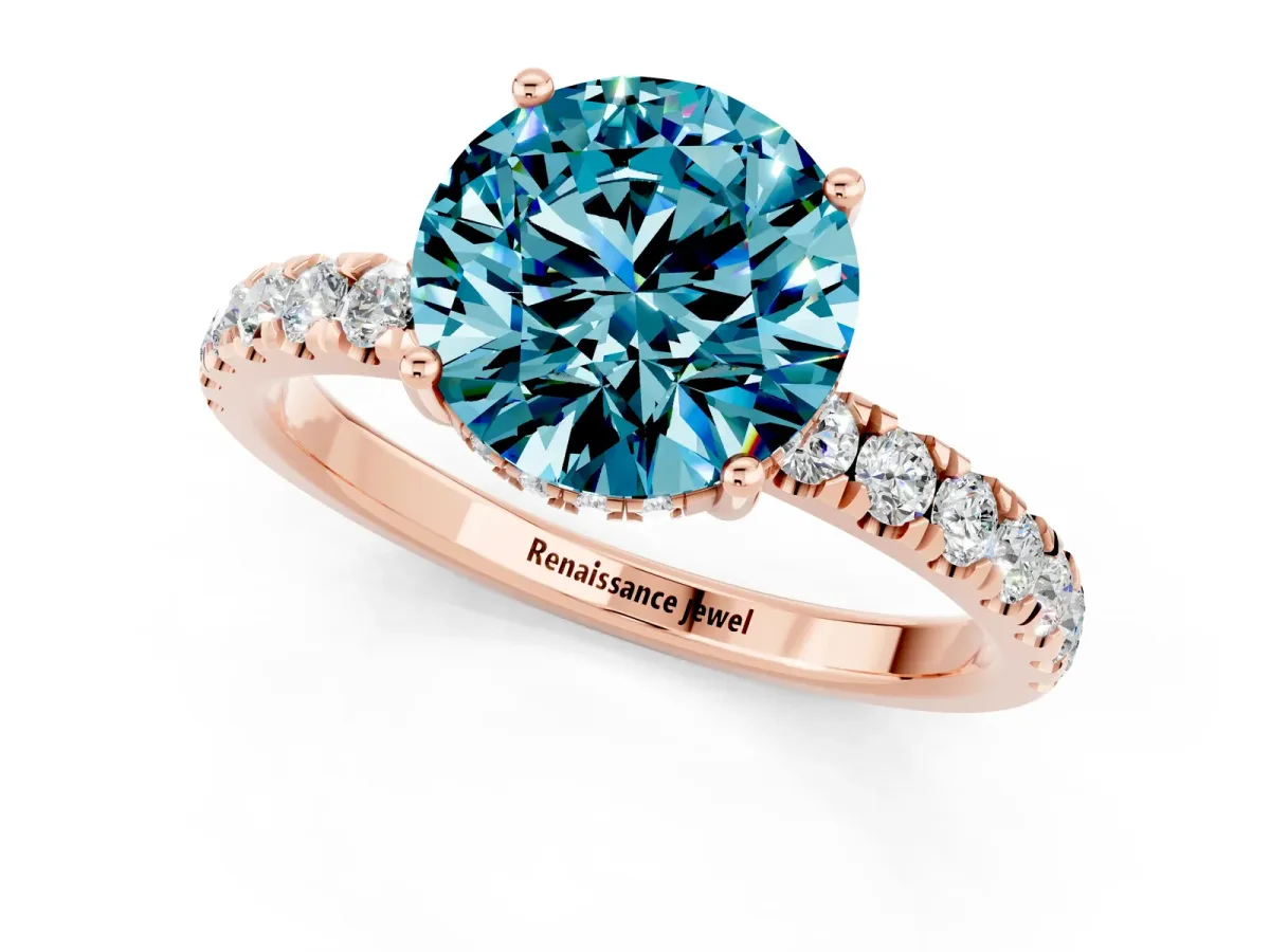 Round Cut Blue Topaz Pave Band Solitaire Ring with Round and Prong Setting Rose gold